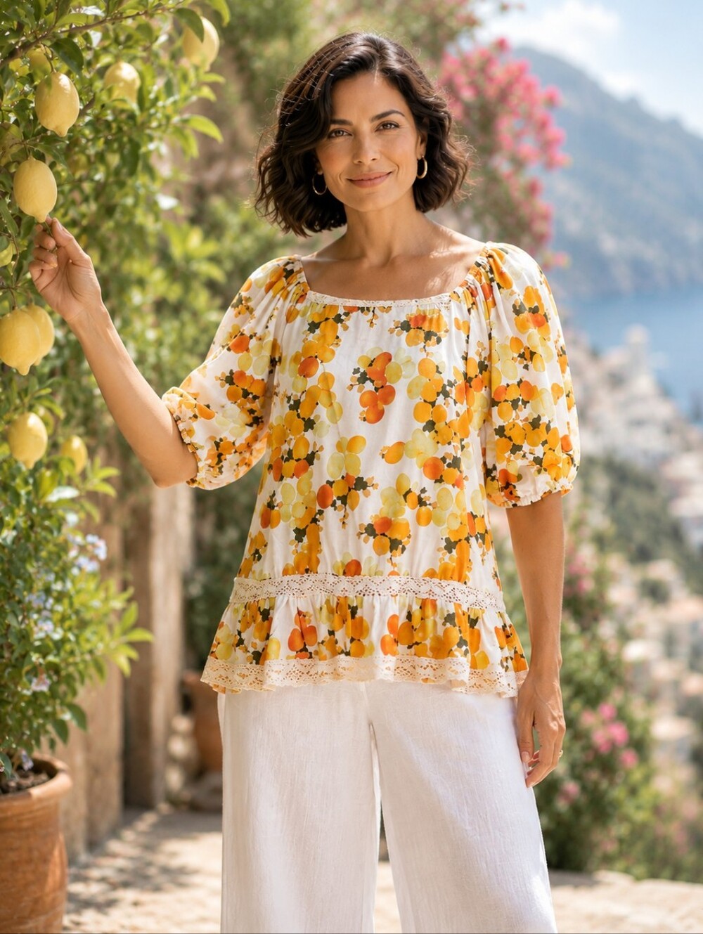 Nicole Miller Artelier Linen Blend Citrus Print Peasant Tunic Top M